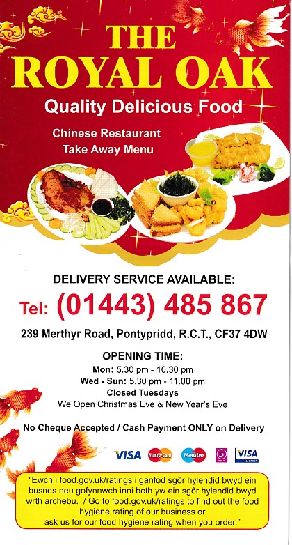 Menu of The Royal Oak, Chinese Takeaway in Pontypridd