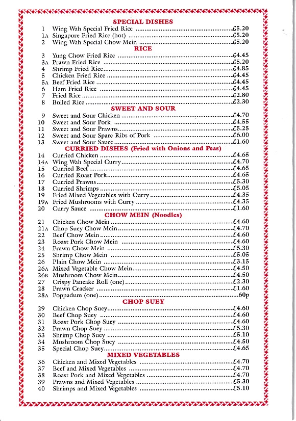 Menu of Wing Wah, Chinese takeaway Pontypridd