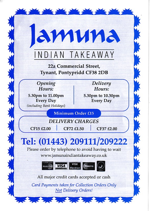 Menu of Jamuna, Indian in Tynant, Pontypridd