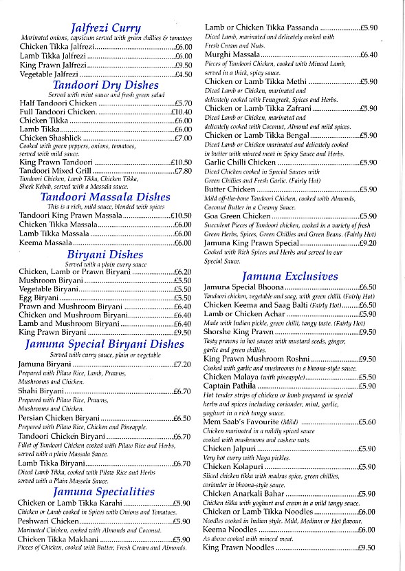 Menu of Jamuna, Indian in Tynant, Pontypridd