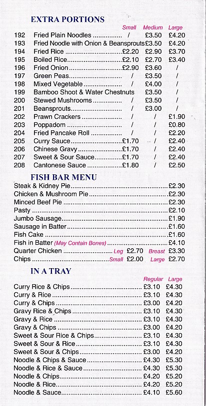 Menu of Kam Kong Chinese takeaway in Beddau, Pontypridd