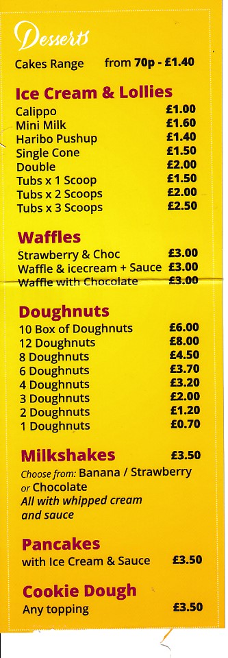 Menu of Nia's Diner Desserts, Church Village,Pontypridd