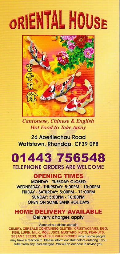 Menu of Oriental House, Chinese Wattstown