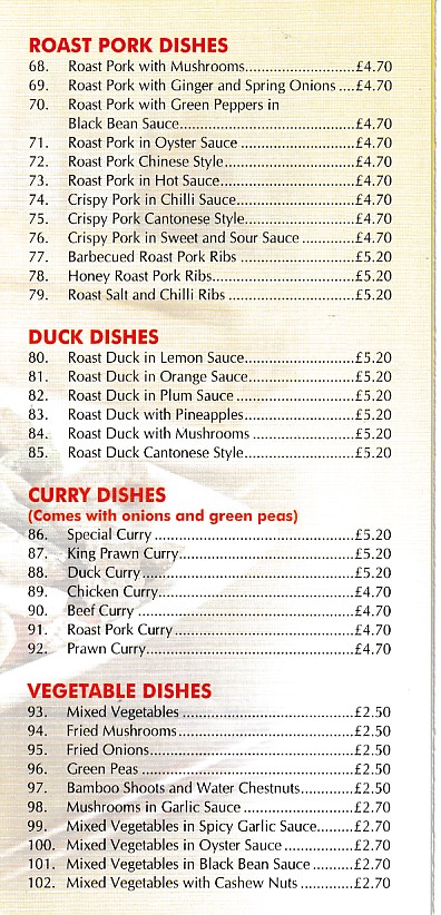 Menu of Oriental House, Chinese Wattstown