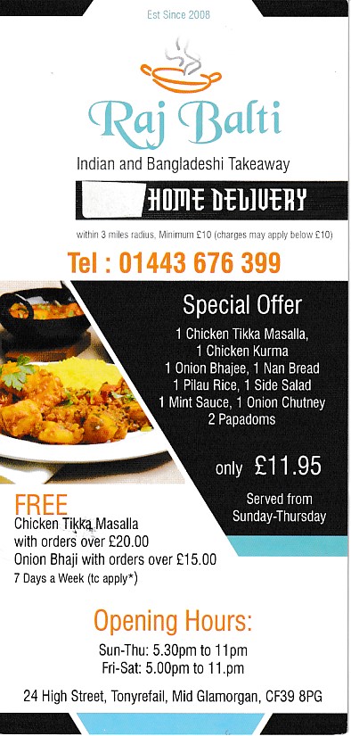 Menu of Raj Balti Indian in Tonyrefail