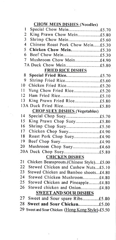 Menu of Wong Sang, Chinese Takeaway in Porth, Rhondda