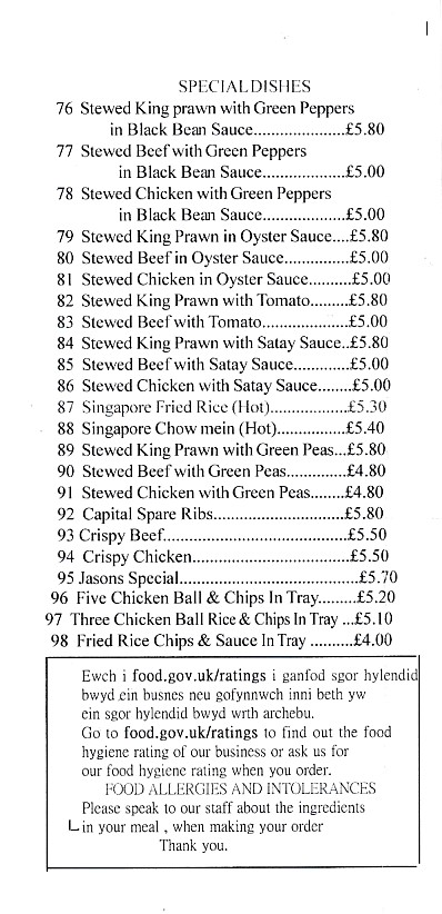 Menu of Wong Sang, Chinese Takeaway in Porth, Rhondda