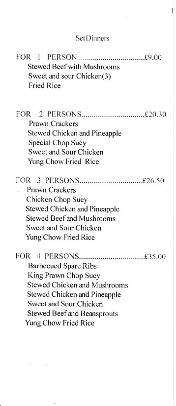 Menu of Wong Sang, Chinese Takeaway in Porth, Rhondda