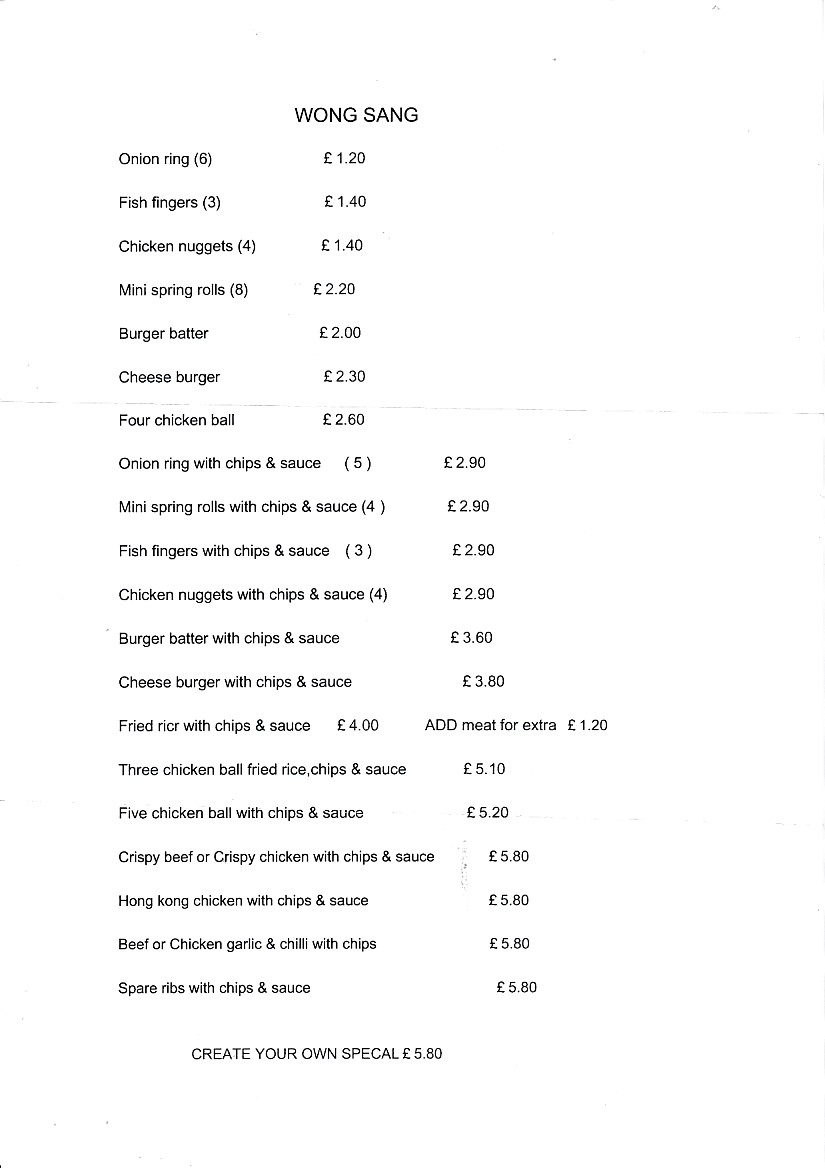 Menu of Wong Sang, Chinese Takeaway in Porth, Rhondda