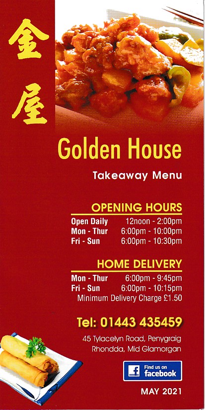 Menu of Golden House,Chinese Takeaway Penygraig Tonypandy