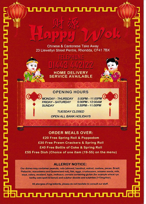 Menu of Happy Wok, Chinese in Pentre