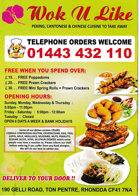 Menu of Wok U Like, Chinese in Ton Pentre, Rhondda