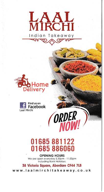 Menu of Laal Mirchi, Indian takeaway Aberdare