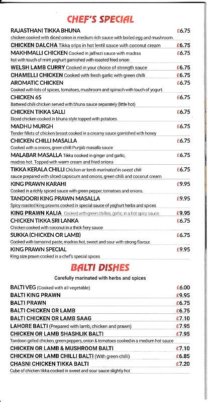 Menu of Laal Mirchi, Indian takeaway Aberdare