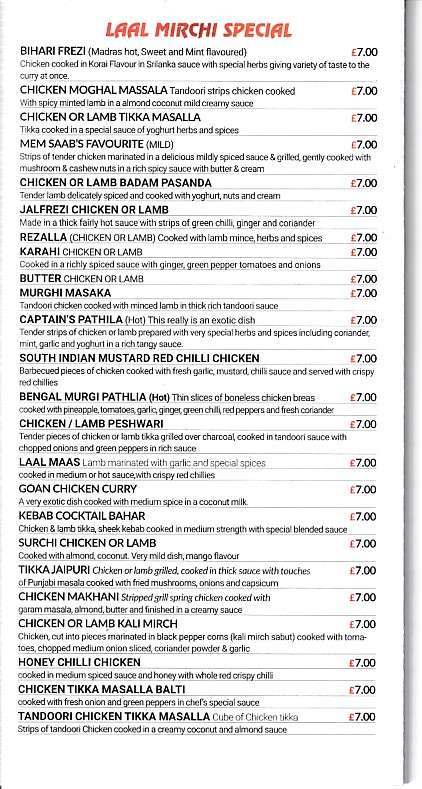 Menu of Laal Mirchi, Indian takeaway Aberdare