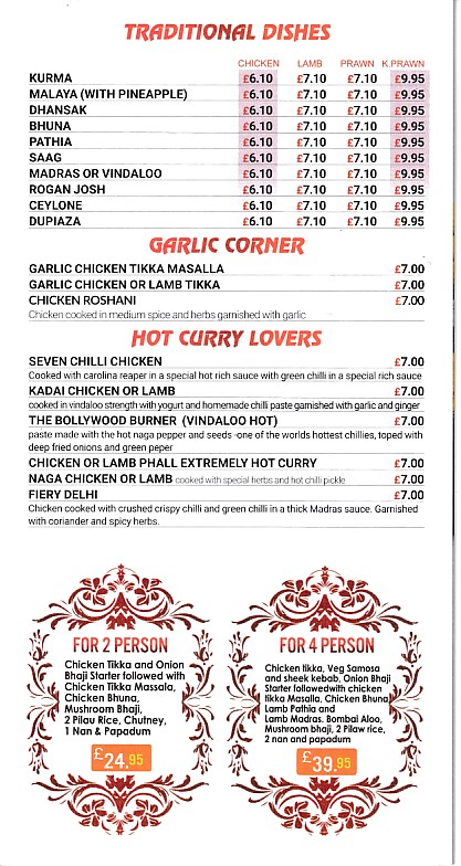 Menu of Laal Mirchi, Indian takeaway Aberdare