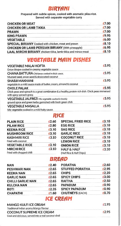 Menu of Laal Mirchi, Indian takeaway Aberdare