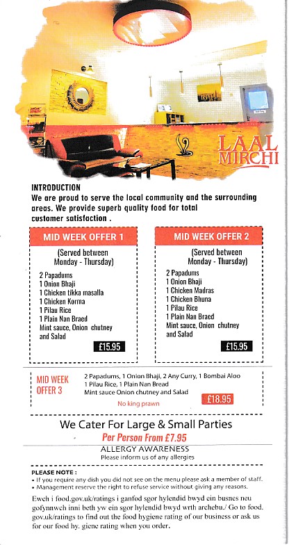 Menu of Laal Mirchi, Indian takeaway Aberdare