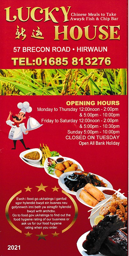 Menu of Lucky House Chinese Hirwaun