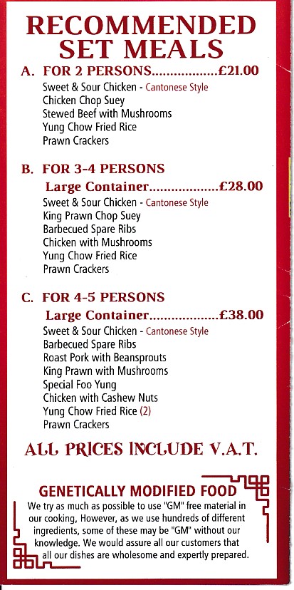 Menu of Lucky House Chinese Hirwaun