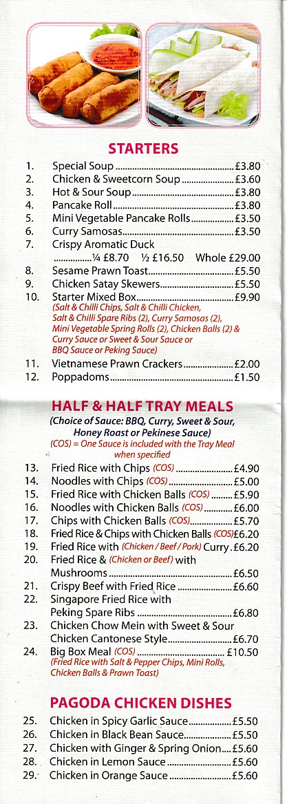 Menu of Pagoda, Chinese Takeaway in Aberdare