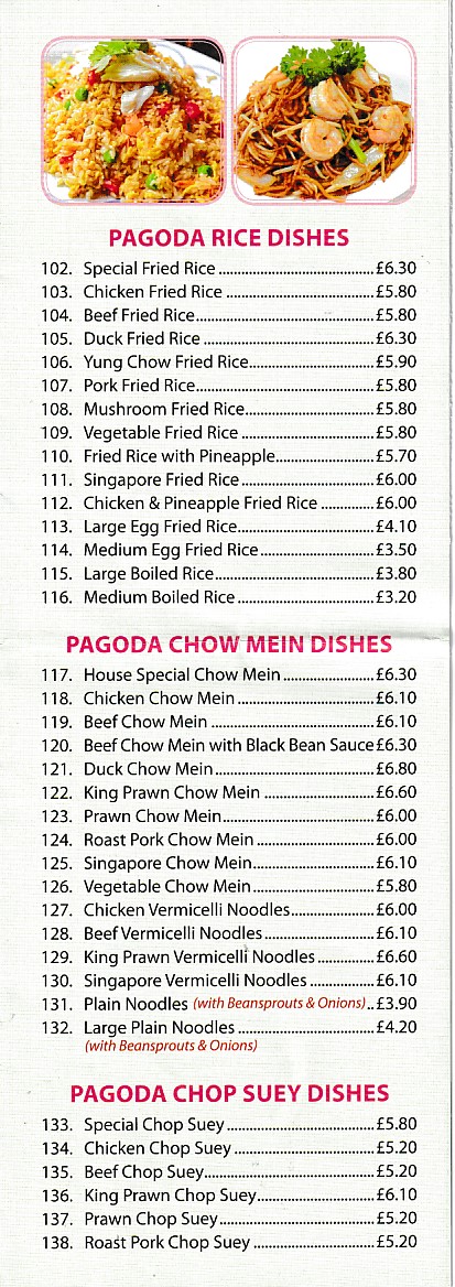 Menu of Pagoda, Chinese Takeaway in Aberdare