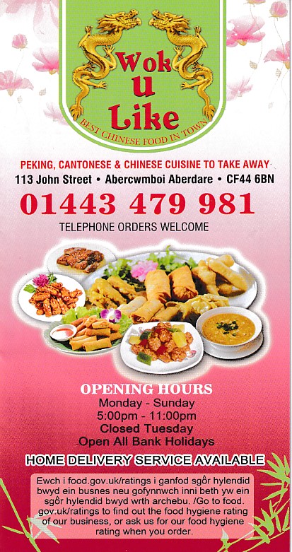 Menu of Wok U Like Abercwmboi, Chinese Takeaway