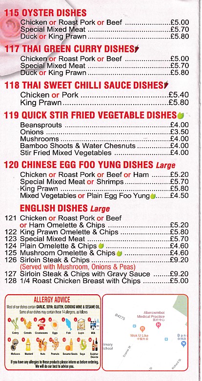 Menu of of Wok U Like Abercwmboi, Chinese Takeaway