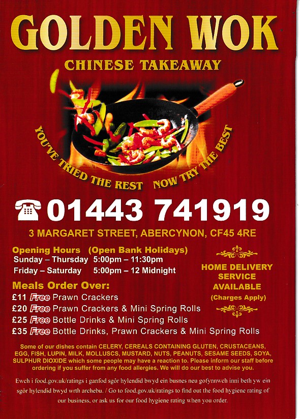 Menu of Golden Wok, Chinese Takeaway in Abercynon