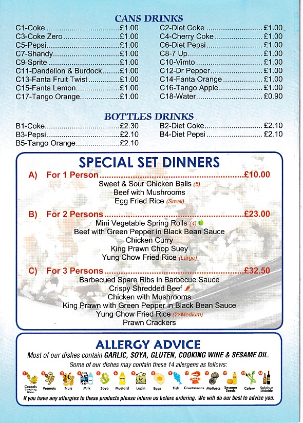 Menu of Mountain View, Chinese Takeaway in Mountain Ash